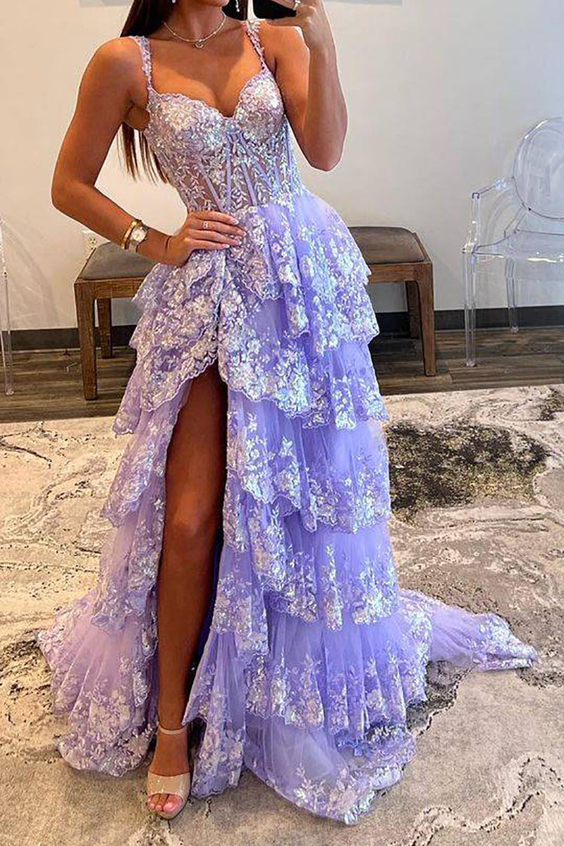 Luuvis Women Light Purple Corset Prom Dress Gorgeous A Line Sweetheart Formal Dress with Ruffles