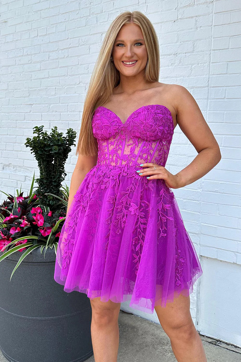 Luuvis A Line Strapless Lace Up Short Tulle Homecoming Dress with Appliques