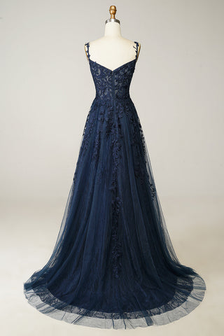 Gorgeous A Line Spaghetti Straps Navy Long Prom Dress with Appliques