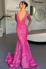 Load image into Gallery viewer, Sparkly Mermaid Deep V Neck Orange Sequins Long Prom Dress with Backless
