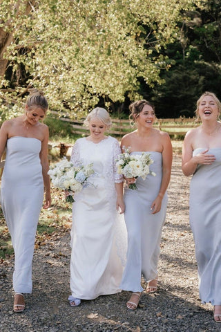 Simple Sheath Strapless Lilac Long Bridesmaid Dress with Bowknot