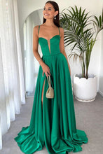 Load image into Gallery viewer, Beauty A Line Spaghetti Straps Green Long Prom Dress with Criss Cross Back
