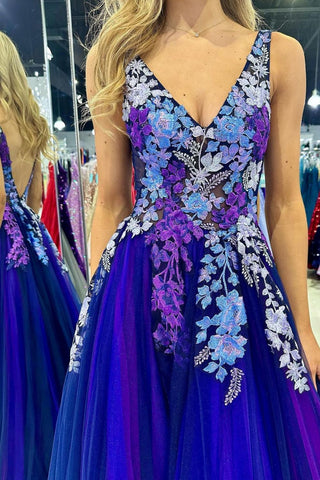 Gorgeous A Line V Neck Purple Tulle Long Prom Dress with Appliques