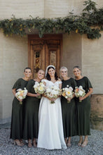 Load image into Gallery viewer, A Line Jewel Neck Dark Green Tea Length Bridesmaid Dress with Open Back
