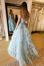 Load image into Gallery viewer, Princess A Line Off the Shoulder Light Blue Corset Prom Dress with Appliques
