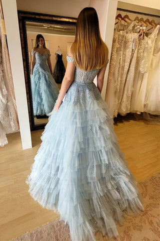 Princess A Line Off the Shoulder Light Blue Corset Prom Dress with Appliques