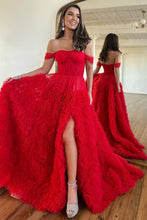 Load image into Gallery viewer, Stunning Princess A-Line Off The Shoulder Long Ruffle Tulle Prom Dress With Split
