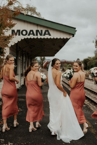 A Line Spaghetti Straps Orange Tea Length Bridesmaid Dress