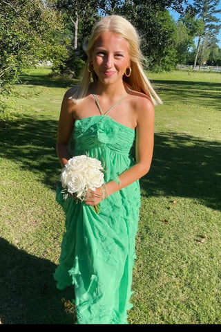 Gorgeous A Line Halter Neck Green Long Prom Dress with 3D Flowers