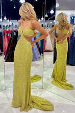 Load image into Gallery viewer, Stunning Mermaid Spaghetti Straps Golden Sequins Long Prom Dress with Open Back

