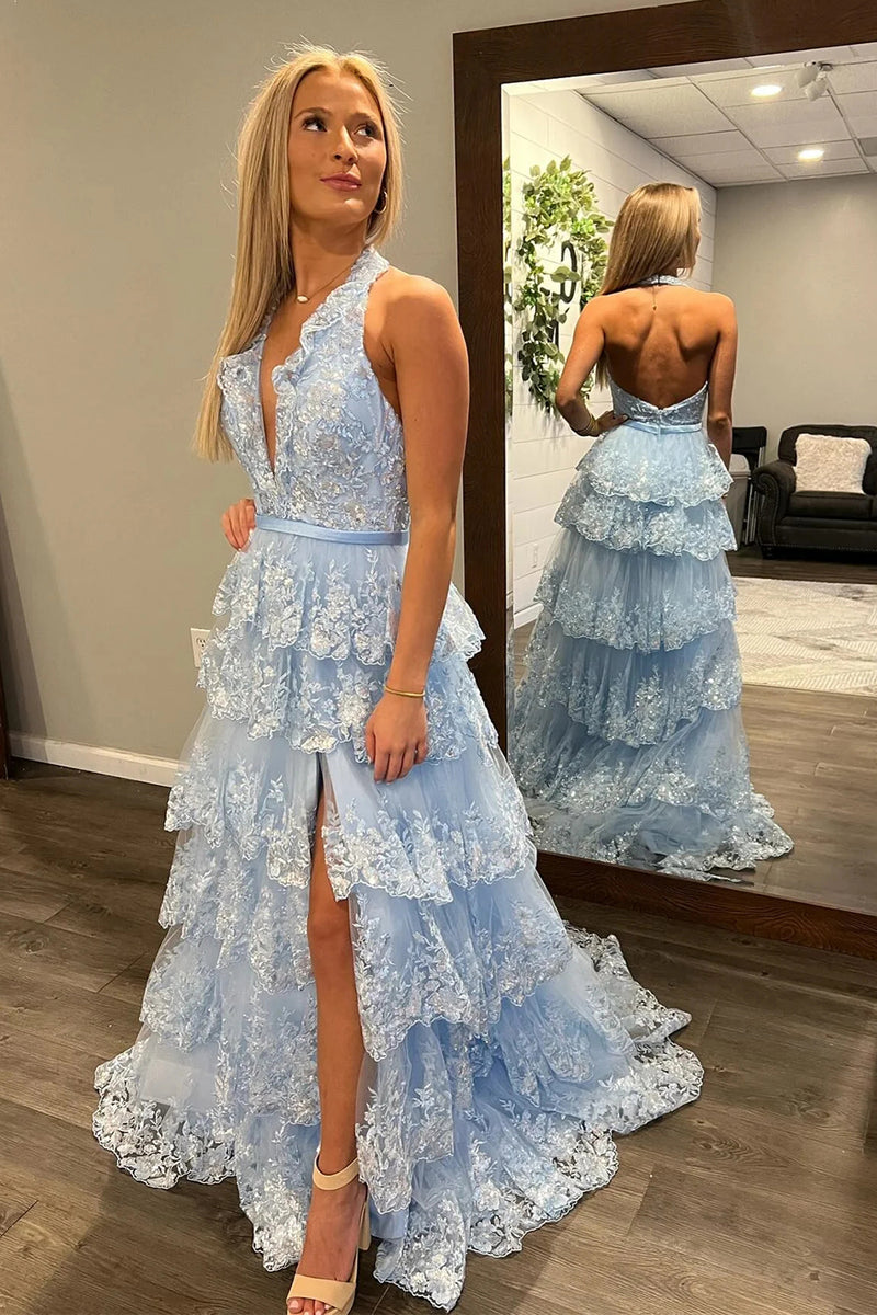 Luuvis Sparkly Light Blue A-Line Halter Backless Long Tiered Prom Dress ...