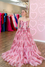 Load image into Gallery viewer, Charming Pink A-Line Strapless Long Print Tulle Prom Party Dress
