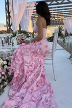 Load image into Gallery viewer, Charming Mermaid Strapless Pink Long Prom Dress with 3D Flowers
