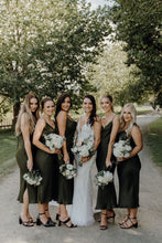 Load image into Gallery viewer, Simple A Line Spaghetti Straps Dark Green Tea Length Bridesmaid Dress with Slit
