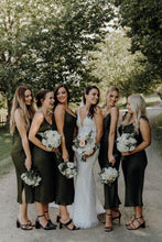 Load image into Gallery viewer, Simple A Line Spaghetti Straps Dark Green Tea Length Bridesmaid Dress with Slit
