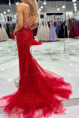 Hot Mermaid Spaghetti Straps Red Long Prom Dress with Criss Cross Back