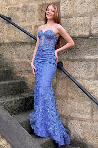 Glitter Blue Mermaid Sweetheart Long Prom Dress with Appliques