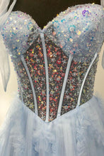 Load image into Gallery viewer, Princess A Line Spaghetti Straps Light Blue Corset Prom Dress with Beading
