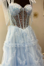 Load image into Gallery viewer, Princess A Line Spaghetti Straps Light Blue Corset Prom Dress with Beading

