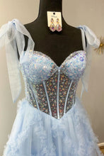 Load image into Gallery viewer, Princess A Line Spaghetti Straps Light Blue Corset Prom Dress with Beading
