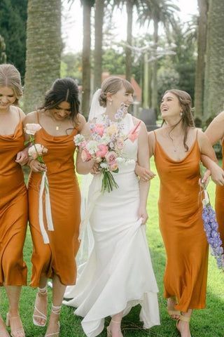 Sheath Spaghetti Straps Orange Tea Length Bridesmaid Dress