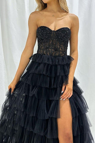 Stylish A Line Sweeteart Black Corset Prom Dress with Ruffles