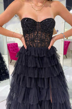 Load image into Gallery viewer, Stylish A Line Sweeteart Black Corset Prom Dress with Ruffles
