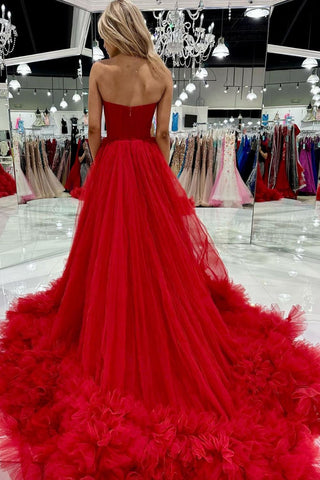 Charming A Line Sweetheart Red Corset Prom Dress with Ruffles