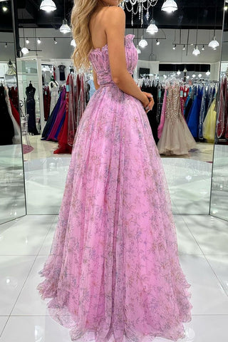 Gorgeous A Line Strapless Pink Floral Printed Long Prom Dress with Ruffles