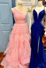 Load image into Gallery viewer, Stylish A Line One Shoulder Pink Long Prom Dress with Ruffles
