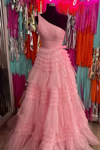 Load image into Gallery viewer, Stylish A Line One Shoulder Pink Long Prom Dress with Ruffles
