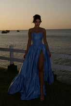 Load image into Gallery viewer, Charming A Line Strapless Blue Satin Long Prom Dress with Split Front
