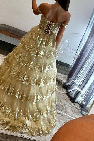 Princess A Line Off the Shoulder Golden Long Prom Dress with Ruffles