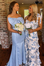 Load image into Gallery viewer, A Line Spaghetti Straps Blue Printed Long Party Dress with Ruffles
