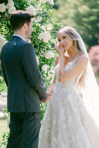 Gorgeous A Line V Neck White Long Bridal Dress with Appliques