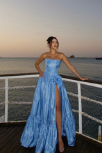 Load image into Gallery viewer, Charming A Line Strapless Blue Satin Long Prom Dress with Split Front
