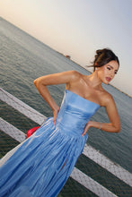 Load image into Gallery viewer, Charming A Line Strapless Blue Satin Long Prom Dress with Split Front
