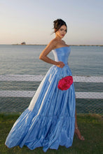 Load image into Gallery viewer, Charming A Line Strapless Blue Satin Long Prom Dress with Split Front
