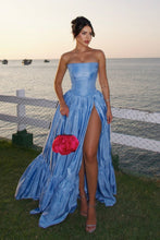 Load image into Gallery viewer, Charming A Line Strapless Blue Satin Long Prom Dress with Split Front
