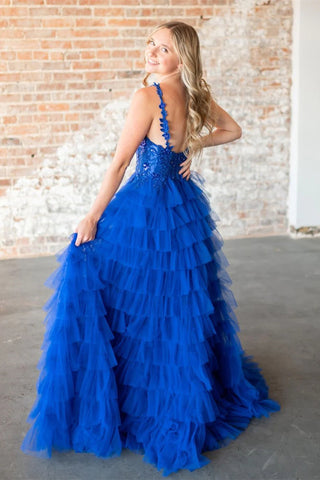 Gorgeous A Line V Neck Fuchsia/Royal Blue Long Prom Dress with Appliques