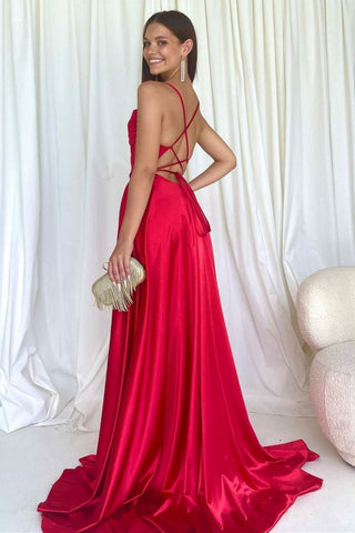 Simple A Line Spaghetti Straps Red Long Prom Dress with Criss Cross Back