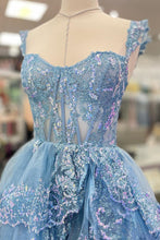 Load image into Gallery viewer, Princess A Line Sweetheart Silver Corset Prom Dress with Lace Ruffles
