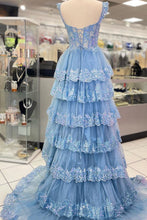 Load image into Gallery viewer, Princess A Line Sweetheart Blue Corset Prom Dress with Lace Ruffles
