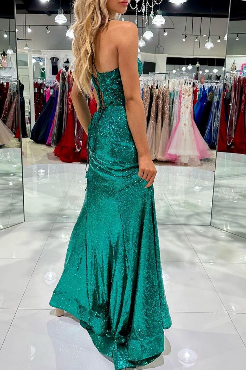 Luuvis Green Sequins Long Prom Dress Bling Mermaid Spaghetti Straps Formal Dress with Split Front