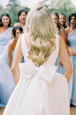 A Line V Neck White Long Wedding Dress with Bowknot