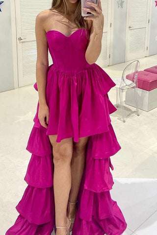 Stylish High Low Sweetheart Fuchsia Prom Dress with Ruffles