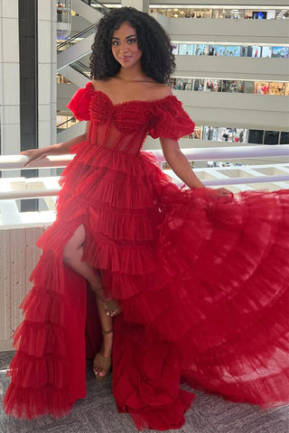 Charming A Line Off the Shoulder Red Corset Prom Dress with Ruffles