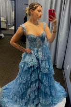 Load image into Gallery viewer, Princess A Line Sweetheart Blue Corset Prom Dress with Lace Ruffles
