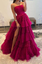 Load image into Gallery viewer, A Line Strapless Fuchsia Long Prom Dress with Ruffles
