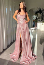 Load image into Gallery viewer, Simple A Line Spaghetti Straps Pink Long Prom Dress with Split Front
